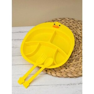 Тарелка пластиковая секционная Duck yellow с ложкой и вилкой