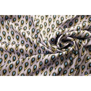 Ткань атлас с желто-синими перьями на лавандовом фоне