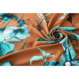 Ткань крепдешин коньячного цвета с голубыми цветами