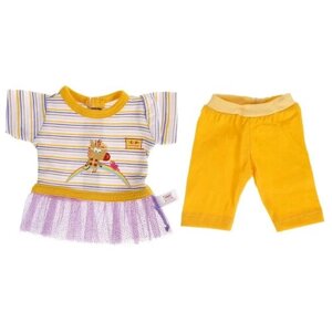 Туника с принтом "Зебра в клеточку" и желтые штаны для куклы 40-42см, Карапуз, желтая и фиолетовая