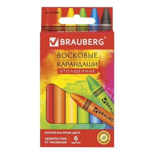 Восковые карандаши утолщенные BRAUBERG "академия", набор 6 цветов, 227286 от компании М.Видео - фото 1