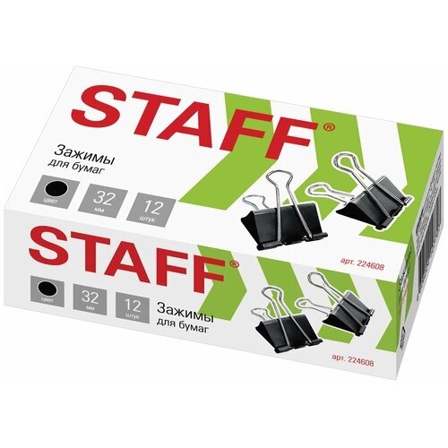 Зажимы для бумаг STAFF "EVERYDAY", комплект 12 шт, 32 мм, на 140 листов, черные, картонная коробка, 224608 от компании М.Видео - фото 1