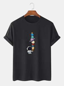 100% Хлопок, мужские забавные футболки с рисунком астронавта и планеты с коротким рукавом