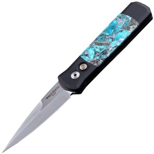 Автоматический складной нож Pro-Tech Santa Fe Stoneworks Godson Customized, сталь 154CM, рукоять алюминий, накладки черная яшма/бирюза