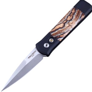 Автоматический складной нож Pro-Tech Santa Fe Stoneworks Godson Customized, сталь 154CM, рукоять алюминий, накладки зуб мамонта с продольными коричневыми полосами