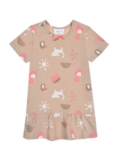 Бежевое платье с принтом лебеди и коты Sanetta Kidswear