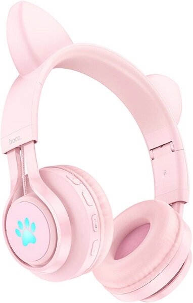 Bluetooth-гарнитура Hoco W39 Cat ear Kids розовые (детские, разноцветная подсветка ушек) от компании Admi - фото 1