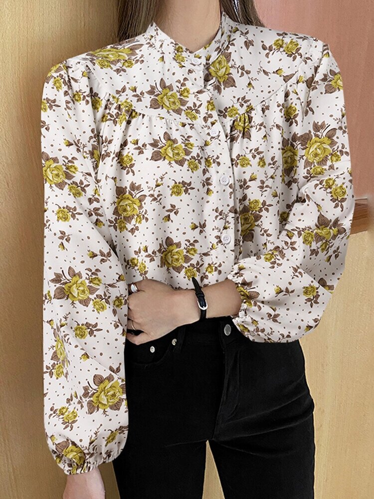 Блуза с длинным рукавом и воротником-стойкой с цветочным принтом For Женское от компании Admi - фото 1