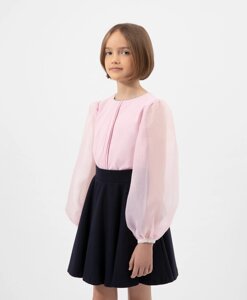 Блузка комбинированная с объемными рукавами розовая Gulliver (128)