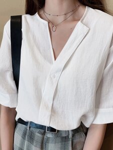 Блузка на пуговицах с короткими рукавами и V-образным вырезом для Женское