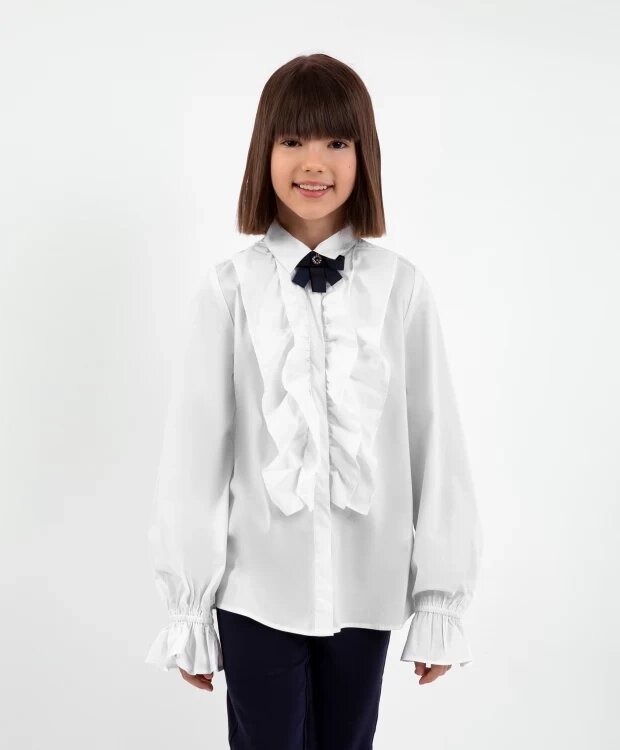 Блузка с длинным рукавом и съемным бантом белая Gulliver (140) от компании Admi - фото 1