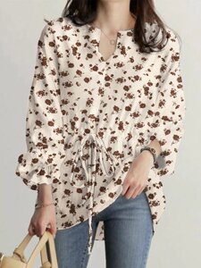 Блузка с длинными рукавами и V-образным вырезом с цветочным принтом для Женское