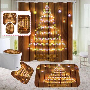 Деревянная полоса Рождественская елка Ванная комната Занавеска для душа Нескользящие коврики Крышка для унитаза