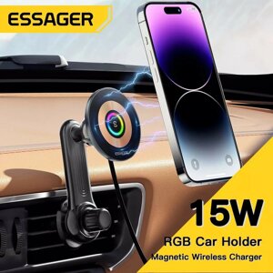 Essager Z11 RGB 15 Вт QI Magnetic Авто Беспроводное зарядное устройство Держатель телефона для iPhone 14 13 12 Pro