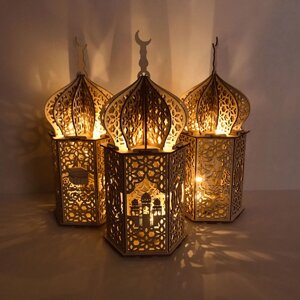 Ислам Ид Рамадан Мубарак Украшение Деревянный Золотой LED Фонарь Липа Ночной Свет