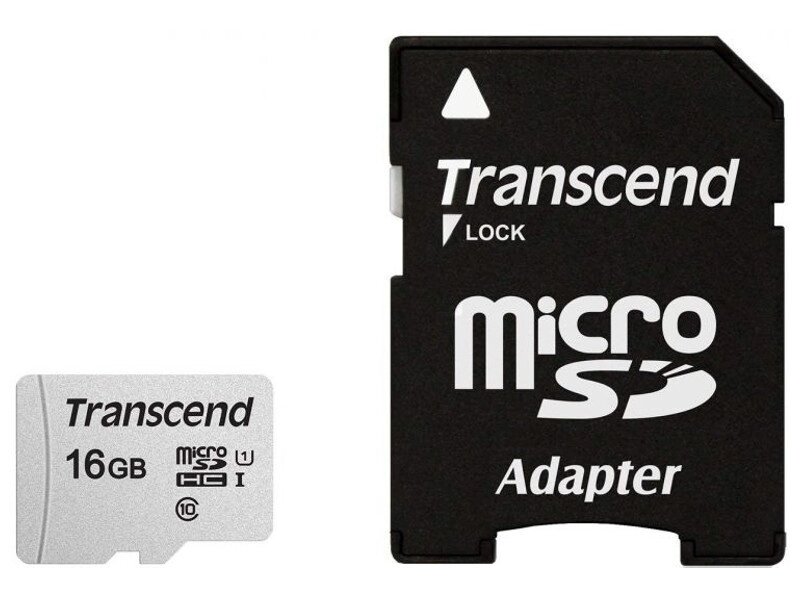 Карта памяти 16Gb - Transcend 300S MicroSDHC Class 10 UHS-I TS16GUSD300S-A с переходником под SD от компании Admi - фото 1