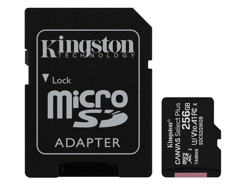 Карта памяти 256Gb - Kingston Canvas Select Plus Micro Secure Digital XC UHS-I Class U3 V30 A1 SDCS2/256GB с переходником под SD от компании Admi - фото 1