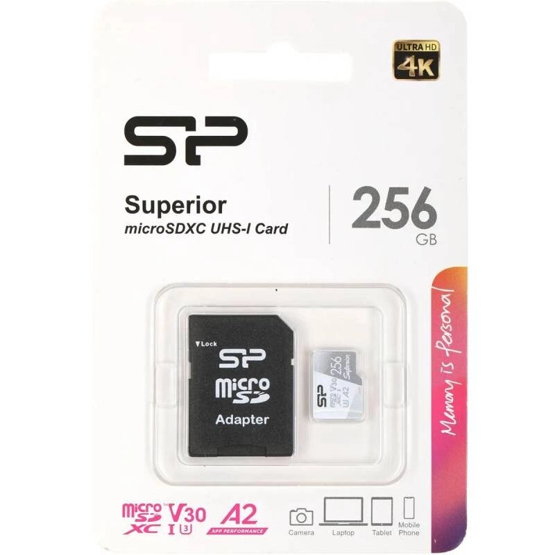 Карта памяти 256Gb - Silicon Power Superior MicroSDXC Class 10 UHS-I U3 SP256GBSTXDA2V20SP с адаптером SD от компании Admi - фото 1