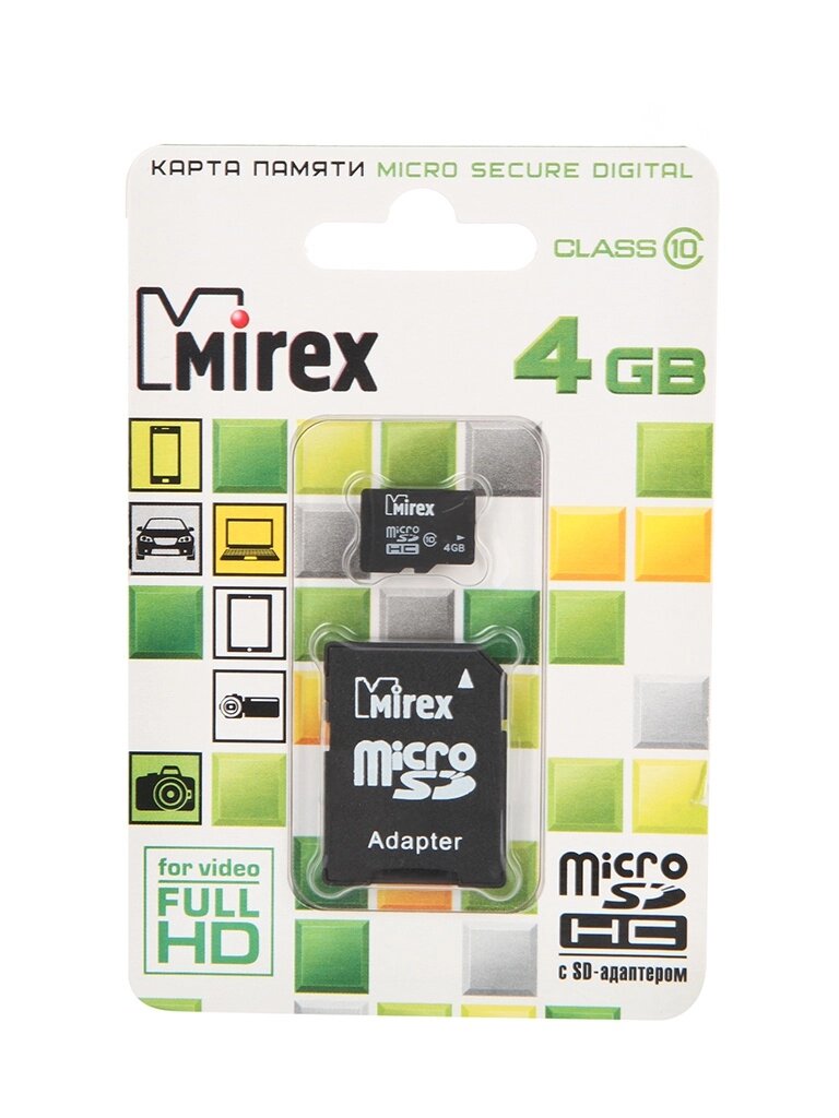 Карта памяти 4Gb - Mirex - Micro Secure Digital HC Class 10 13613-AD10SD04 с переходником под SD от компании Admi - фото 1