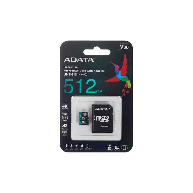 Карта памяти 512Gb - A-Data MicroSDHC UHS-I U3 Class 10 V30S A2 AUSDX512GUI3V30SA2-RA1 с переходником под SD от компании Admi - фото 1