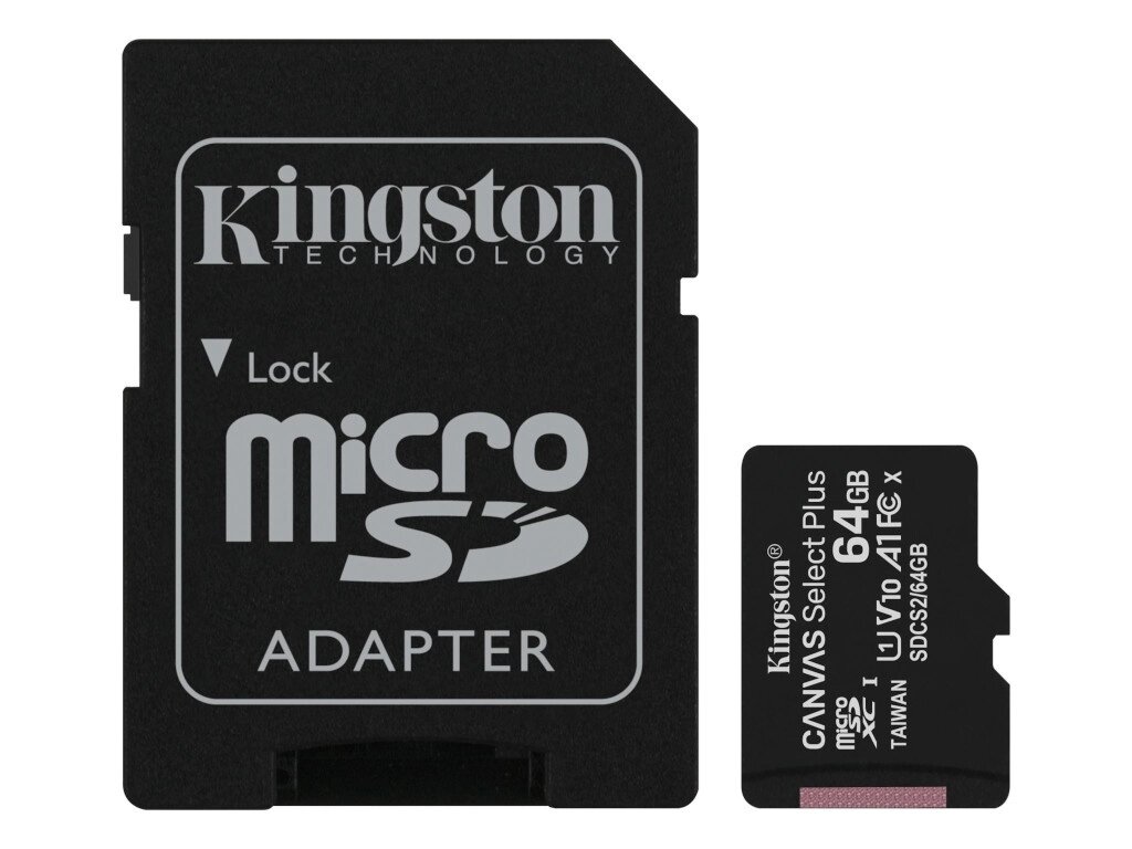 Карта памяти 64Gb - Kingston Micro Secure Digital HC Class 10 UHS-I Canvas Select SDCS2/64GB с переходником под SD от компании Admi - фото 1