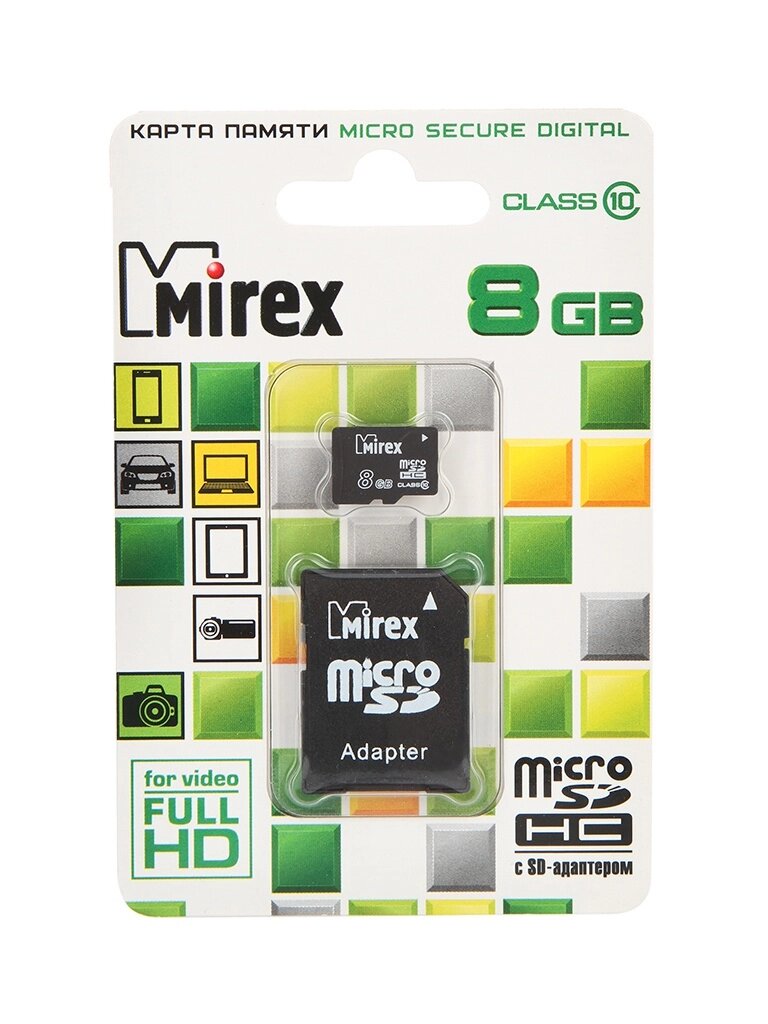 Карта памяти 8Gb - Mirex - Micro Secure Digital HC Class 10 13613-AD10SD08 с переходником под SD от компании Admi - фото 1