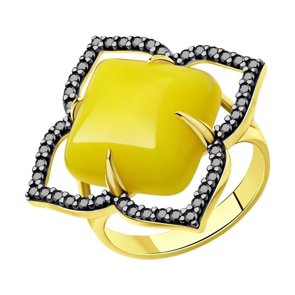 Кольцо SOKOLOV из золочёного серебра с фианитами и янтарём от компании Admi - фото 1