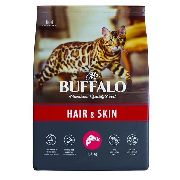 Корм сухой для кошек лосось Adult Hair&Skin Mr. Buffalo 1,8кг от компании Admi - фото 1