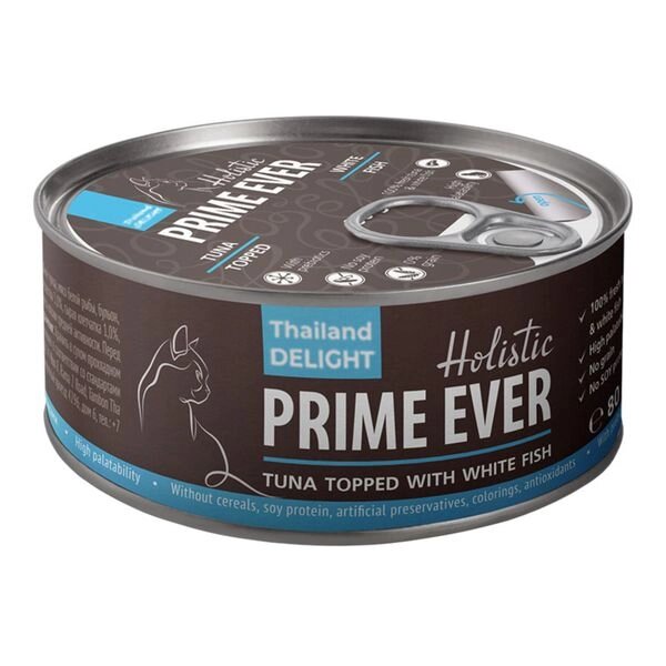 Корм влажный для кошек тунец с белой рыбой в желе Prime Ever 2B жестяная банка 80г от компании Admi - фото 1