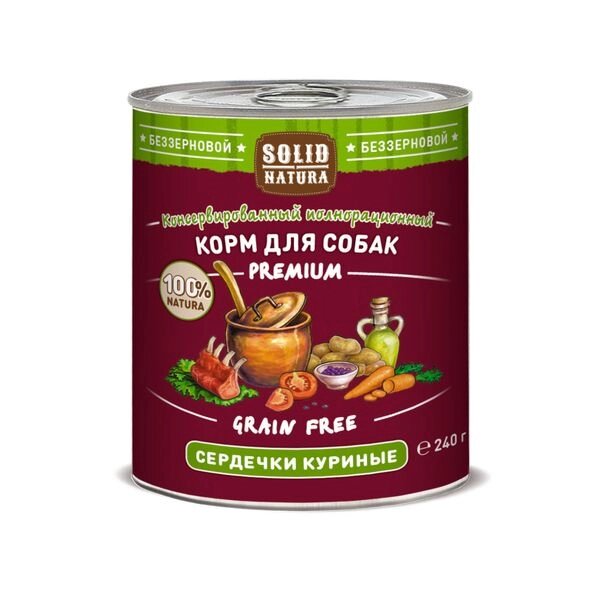 Корм влажный для собак сердечки куриные Premium Solid Natura жестяная банка 240г от компании Admi - фото 1