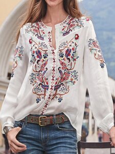 Круглая блузка с длинными рукавами и пуговицами в этническом стиле Шея для Женское