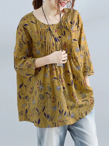 Круглая плиссированная блузка с растительным принтом Шея Повседневная блузка с короткими рукавами