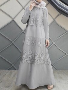 Кружевное шитье трапециевидной формы с круглым вырезом, однотонное мусульманское платье с длинным рукавом, Abaya Kaftan