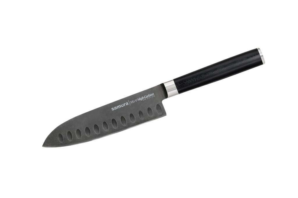 Кухонный нож сантоку Samura Mo-V Stonewash 138 мм, сталь AUS-8, рукоять G10 от компании Admi - фото 1