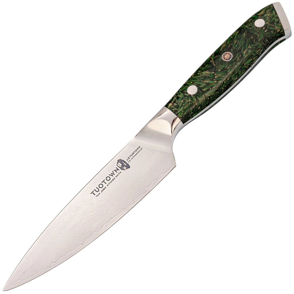 Кухонный нож Tuotown Шеф малый, сталь VG10, обкладка Damascus, рукоять акрил, зеленый от компании Admi - фото 1