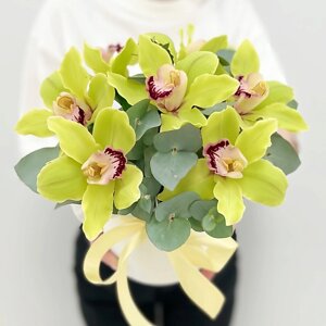 ЛЭТУАЛЬ FLOWERS Орхидеи с эвкалиптом в коробке С любовью / букет из орхидей / букет цветов