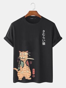 Mens Carp Warrior Кот Печатные футболки с коротким рукавом в японском стиле