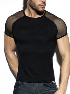 Мужская футболка с короткими рукавами и контрастной сеткой в стиле пэчворк Шея