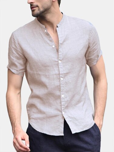 Мужская льняная блузка с коротким рукавом Рубашка Пляжный Свободная Soft Повседневная без воротника Рубашка Топы Блузка
