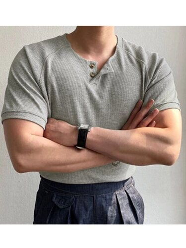 Мужская обычная летняя повседневная футболка с двумя пуговицами и коротким рукавом