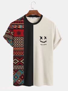Мужские двухцветные футболки с коротким рукавом в этническом стиле со смайликом