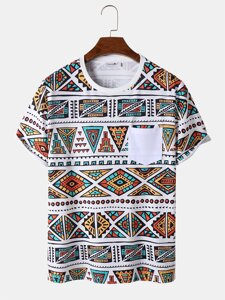 Мужские футболки с коротким рукавом и нагрудным карманом с геометрическим принтом Colorful в этническом стиле