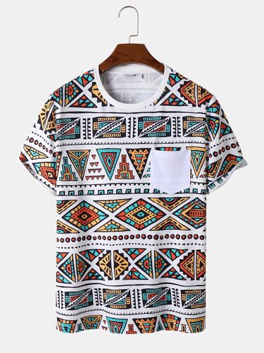 Мужские футболки с коротким рукавом и нагрудным карманом с геометрическим принтом Colorful в этническом стиле