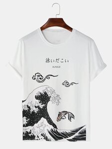 Мужские футболки с коротким рукавом и принтом японской волны с изображением карпа Шея