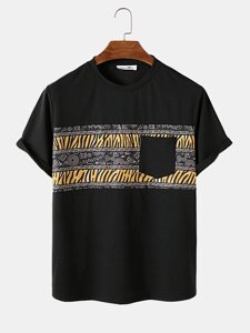 Мужские футболки с короткими рукавами и карманами в стиле пэчворк с геометрическим принтом в племенном стиле
