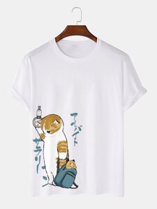 Мужские футболки с короткими рукавами в японском стиле Кот Print Crew Шея