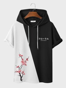 Мужские лоскутные трикотажные футболки с коротким рукавом и капюшоном с принтом японской вишни в цвету