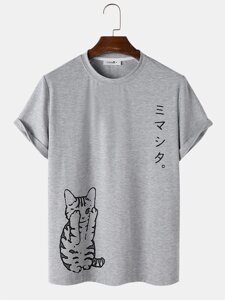 Мужские милые японские футболки с короткими рукавами Кот с принтом экипажа Шея