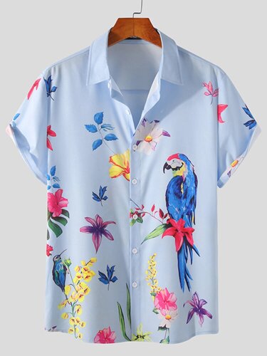 Мужские повседневные дышащие рубашки с короткими рукавами и лацканами Birds & Flower Кнопки