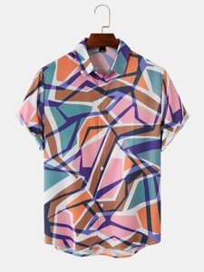 Мужские повседневные рубашки с коротким рукавом с геометрическим многоцветным принтом